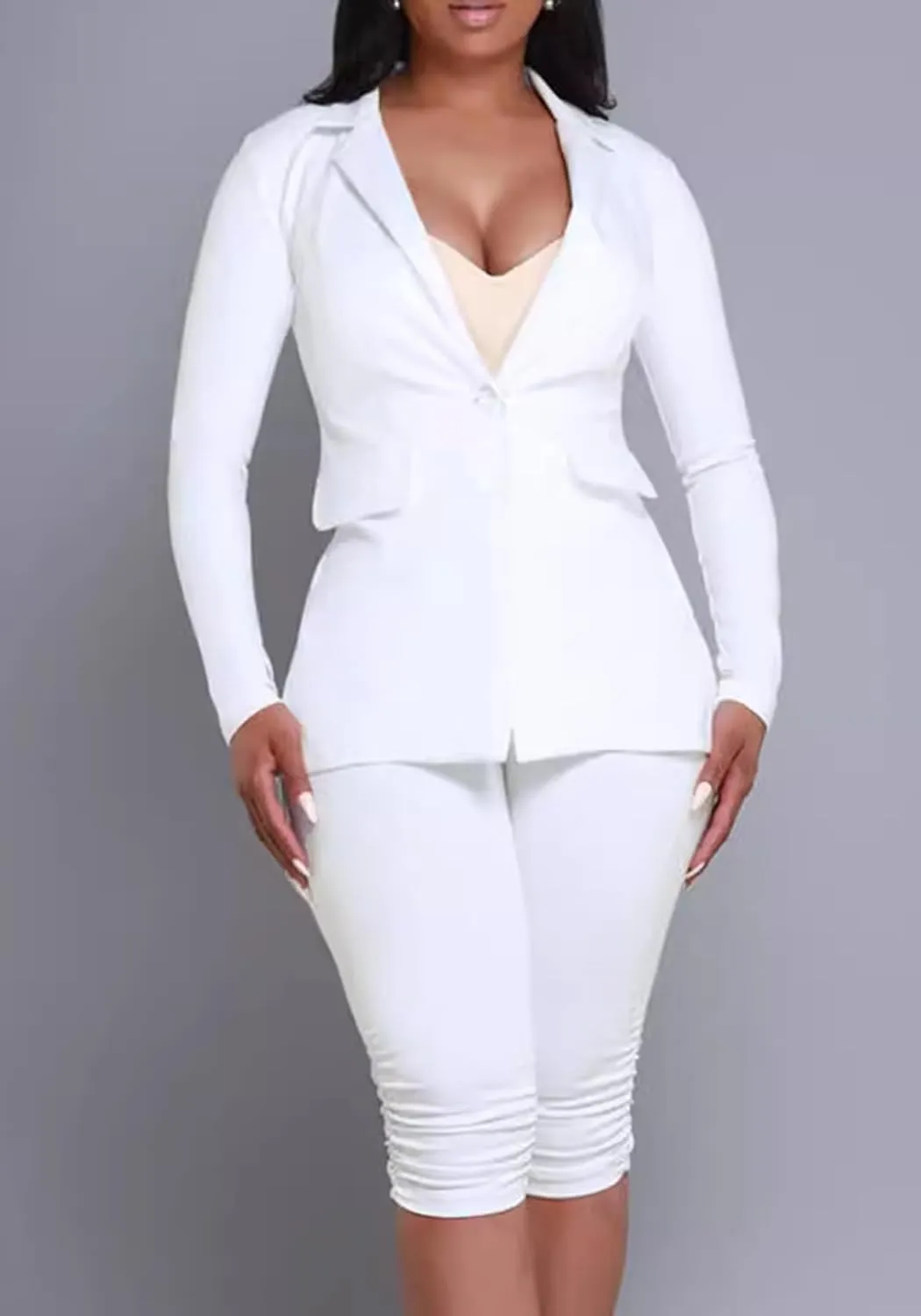 Women's 2 Piece Blazer Sets Open Front Long Sleeve Blazer Slim Fit Bermuda Shorts Pants Suit Sets Business Outfits