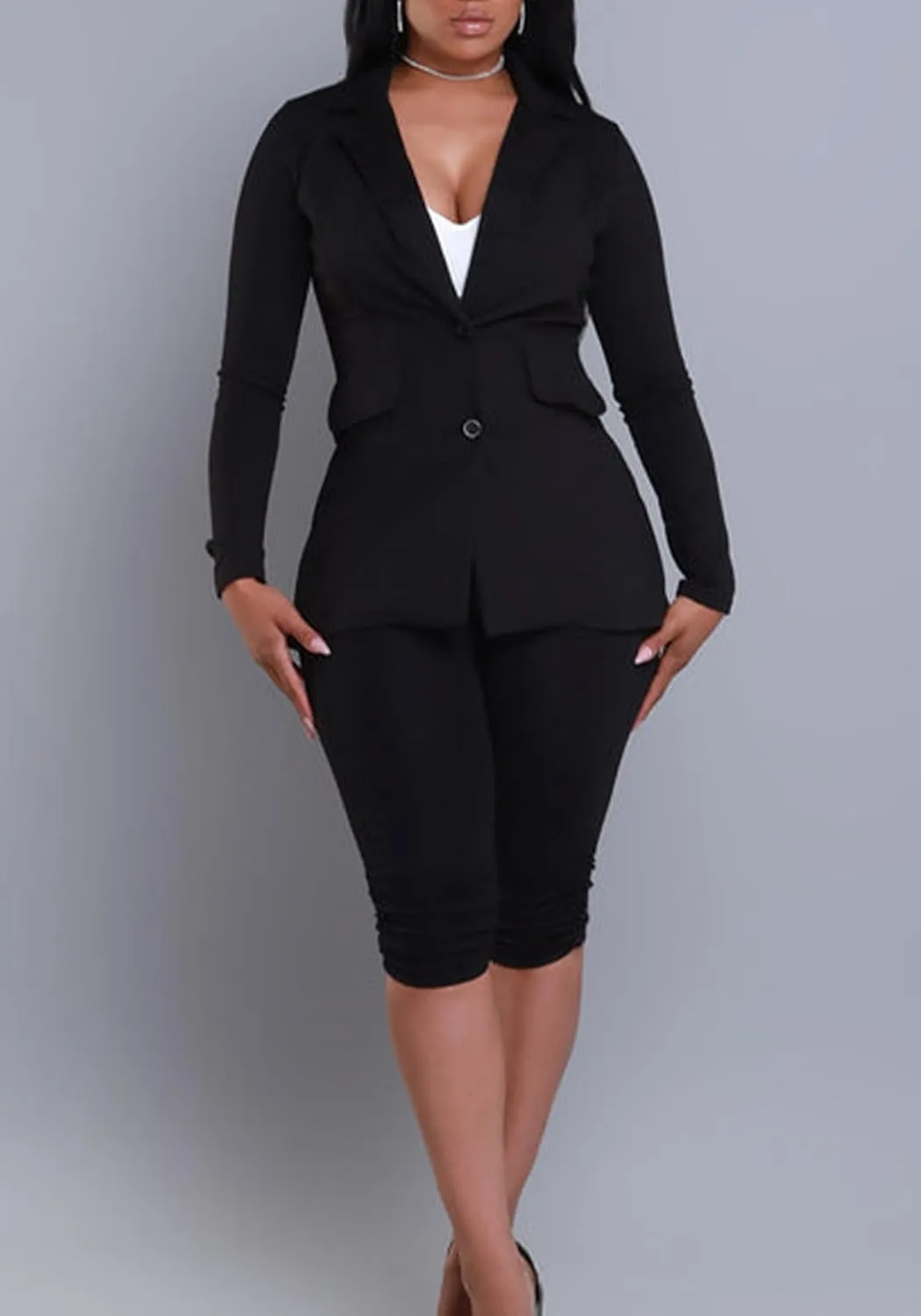 Women's 2 Piece Blazer Sets Open Front Long Sleeve Blazer Slim Fit Bermuda Shorts Pants Suit Sets Business Outfits