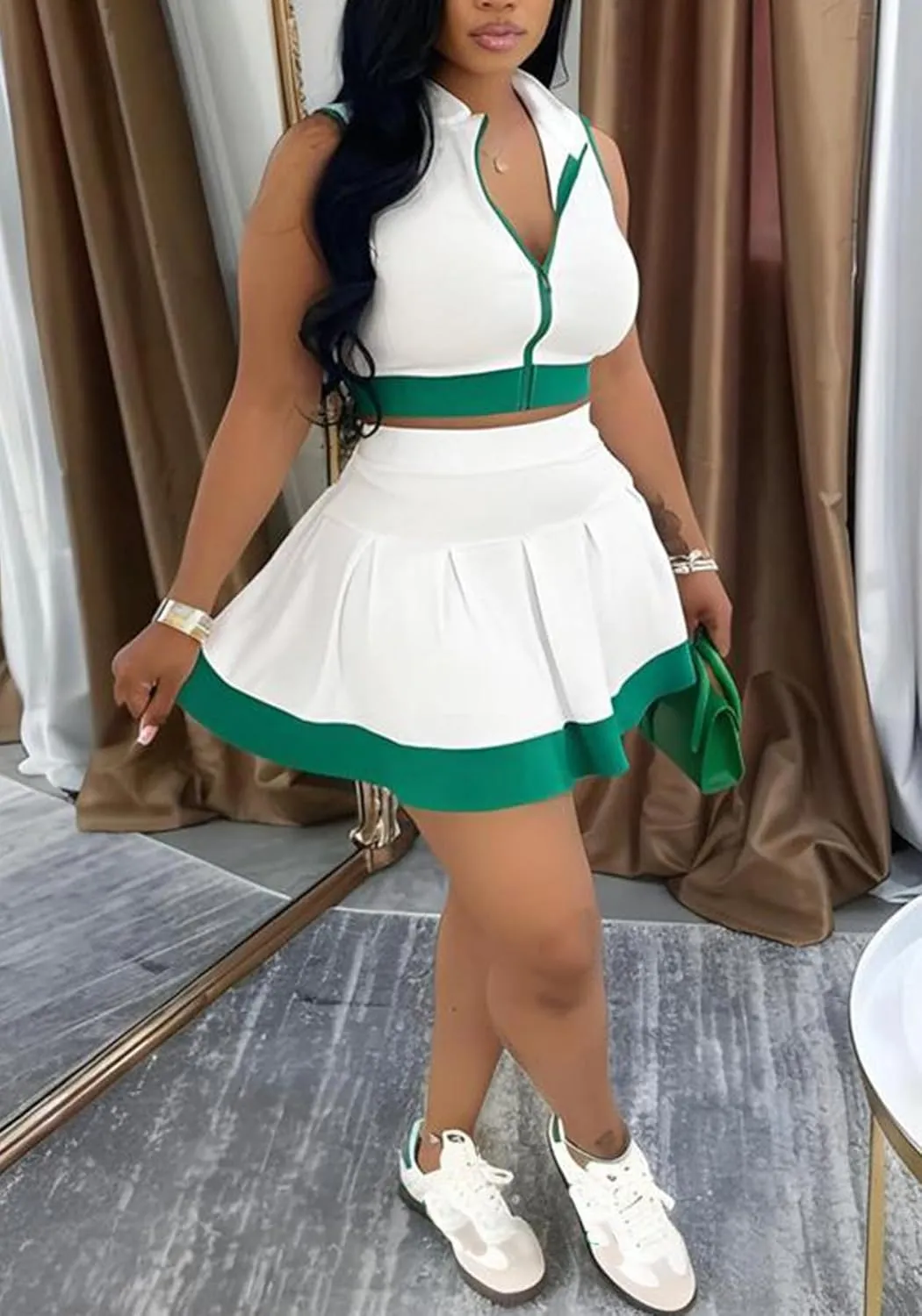 Women's 2 Piece Outfits Casual Sleeveless Zip Up Crop Top and High Waisted Pleated Mini Skirt Lounge Sets