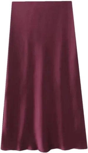 Women's A-Line High Waist Thread Satin Texture Midi Long Skirt Solid Color Slim Fit Skirt