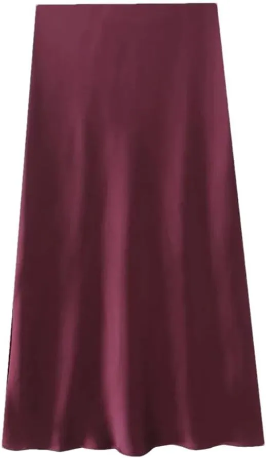 Women's A-Line High Waist Thread Satin Texture Midi Long Skirt Solid Color Slim Fit Skirt
