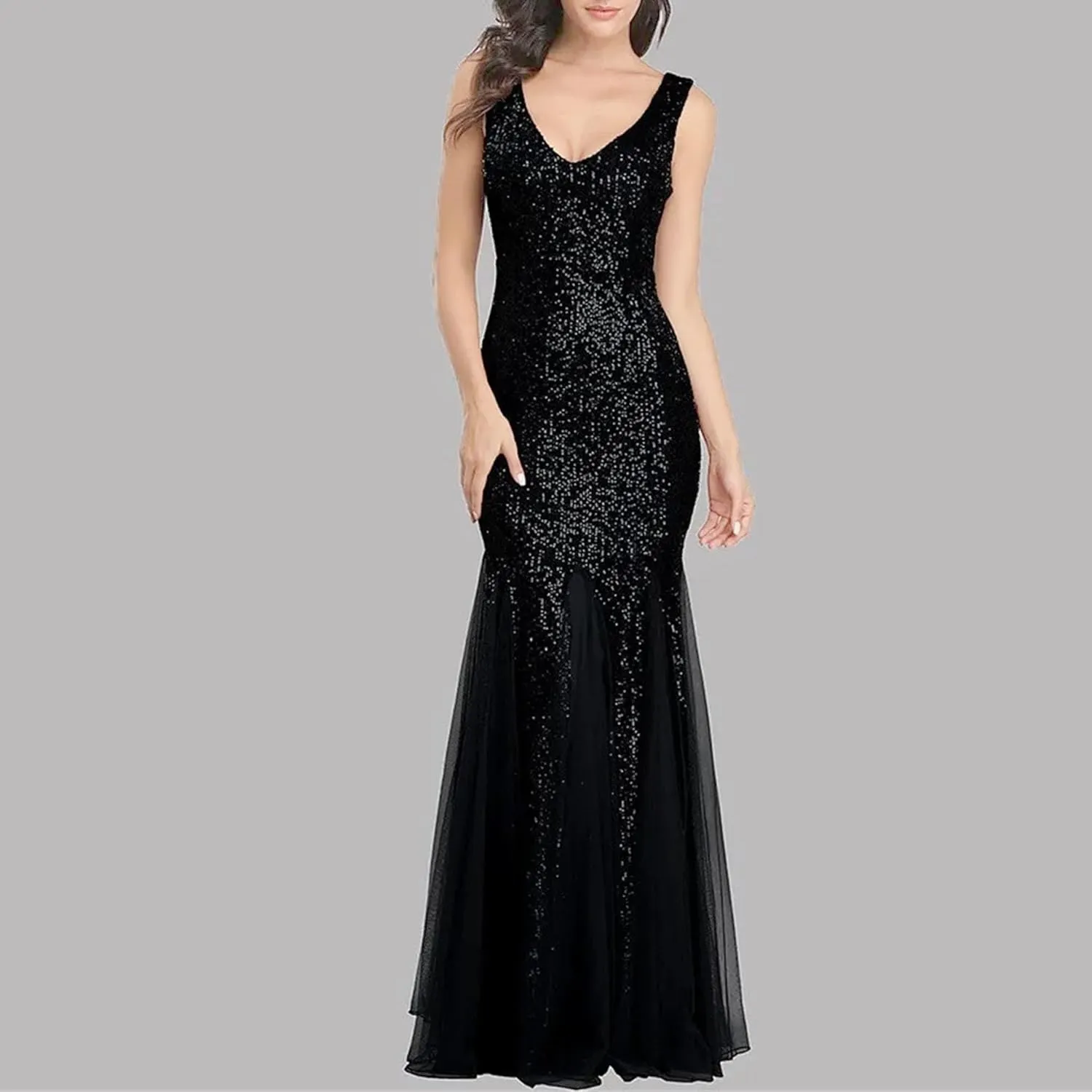 Women's Backless V Neck Wedding Guest Dress Sequin Sparkly Cocktail Maxi Dress Sleeveless Sllim Fit Ruffle Dresses