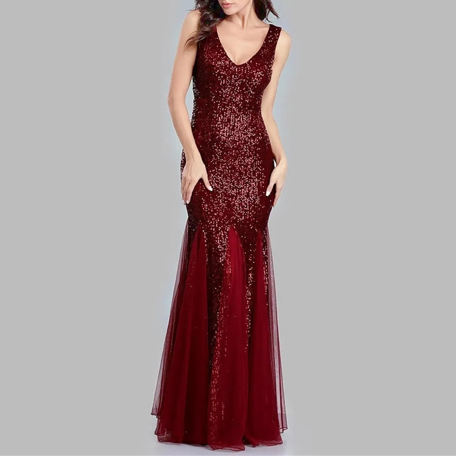 Women's Backless V Neck Wedding Guest Dress Sequin Sparkly Cocktail Maxi Dress Sleeveless Sllim Fit Ruffle Dresses