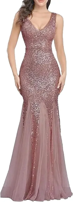 Women's Backless V Neck Wedding Guest Dress Sequin Sparkly Cocktail Maxi Dress Sleeveless Sllim Fit Ruffle Dresses
