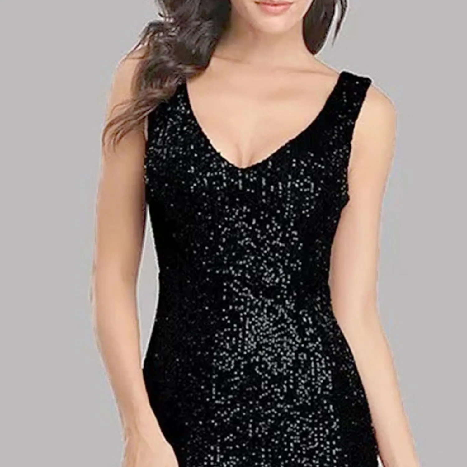 Women's Backless V Neck Wedding Guest Dress Sequin Sparkly Cocktail Maxi Dress Sleeveless Sllim Fit Ruffle Dresses