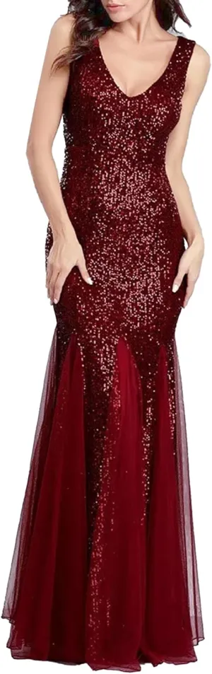 Women's Backless V Neck Wedding Guest Dress Sequin Sparkly Cocktail Maxi Dress Sleeveless Sllim Fit Ruffle Dresses