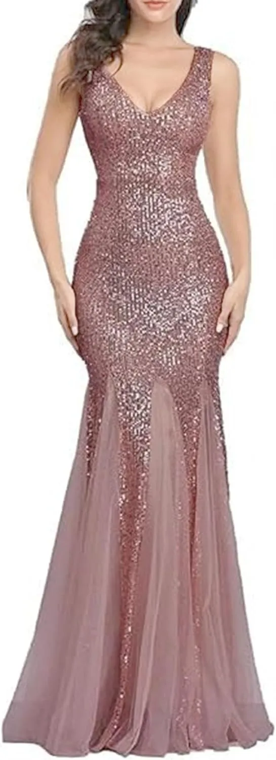 Women's Backless V Neck Wedding Guest Dress Sequin Sparkly Cocktail Maxi Dress Sleeveless Sllim Fit Ruffle Dresses