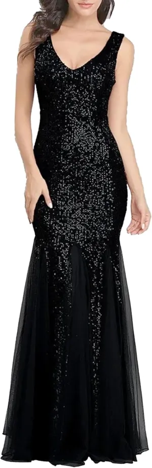 Women's Backless V Neck Wedding Guest Dress Sequin Sparkly Cocktail Maxi Dress Sleeveless Sllim Fit Ruffle Dresses