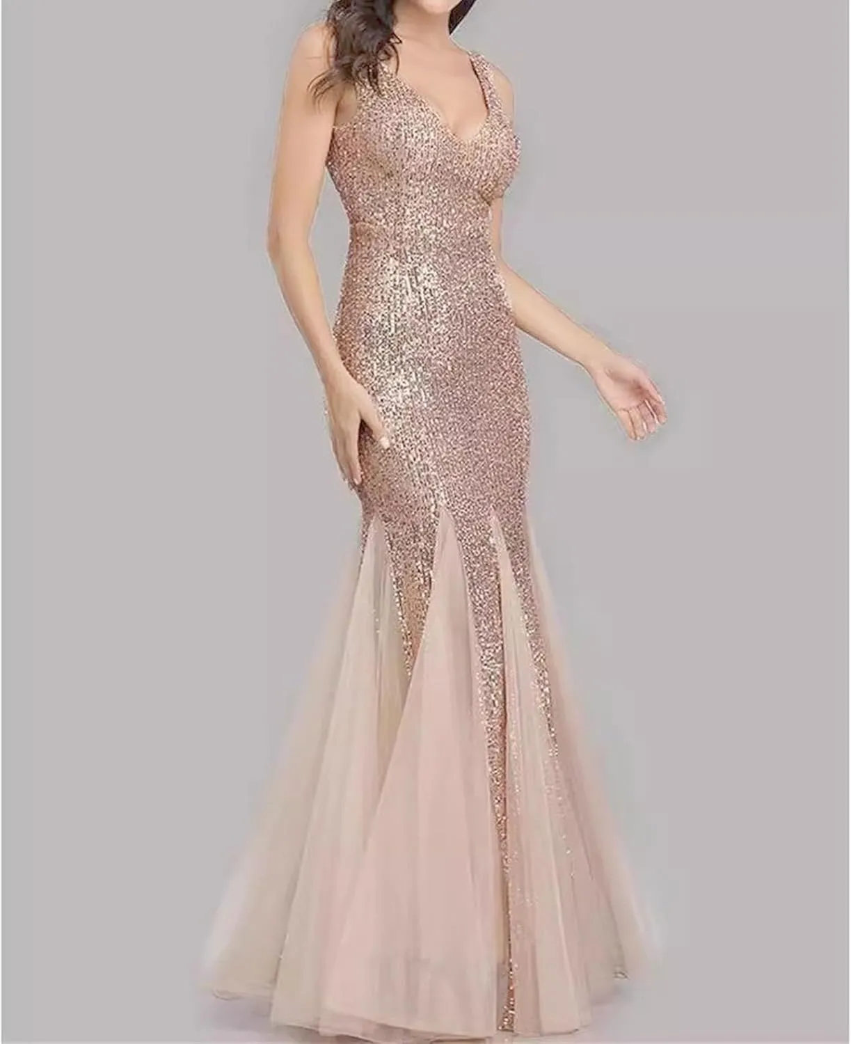 Women's Backless V Neck Wedding Guest Dress Sequin Sparkly Cocktail Maxi Dress Sleeveless Sllim Fit Ruffle Dresses