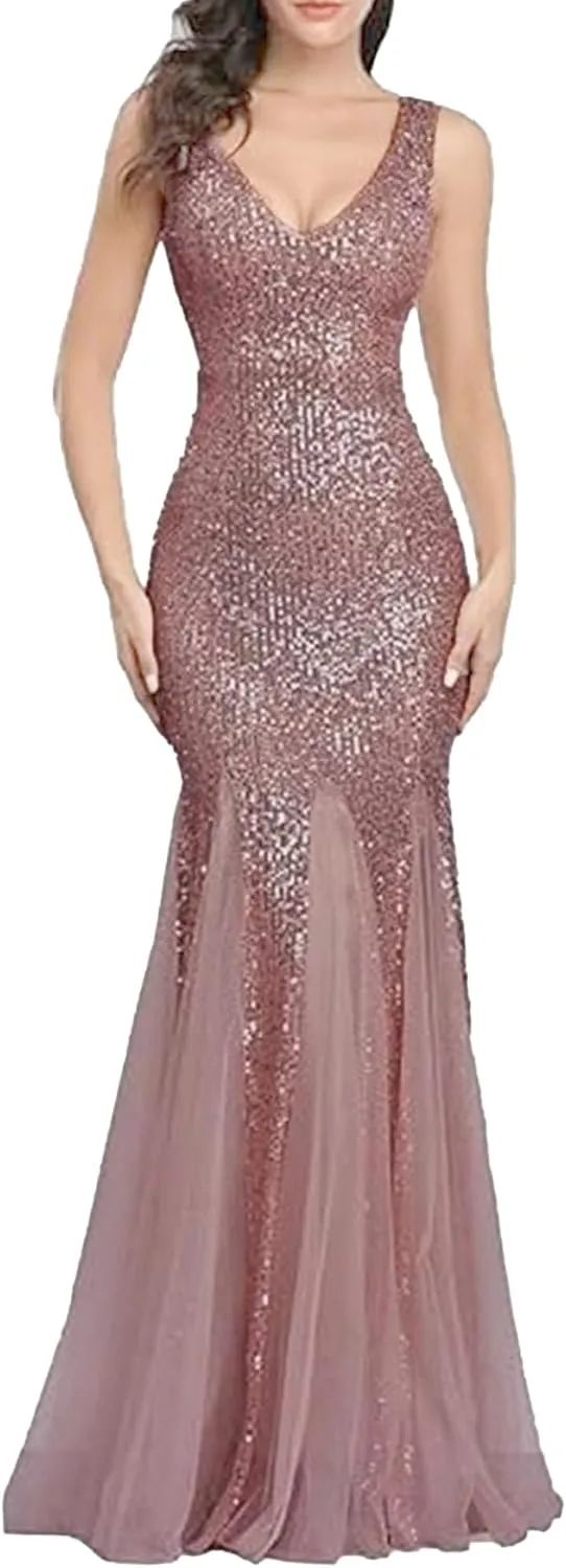 Women's Backless V Neck Wedding Guest Dress Sequin Sparkly Cocktail Maxi Dress Sleeveless Sllim Fit Ruffle Dresses