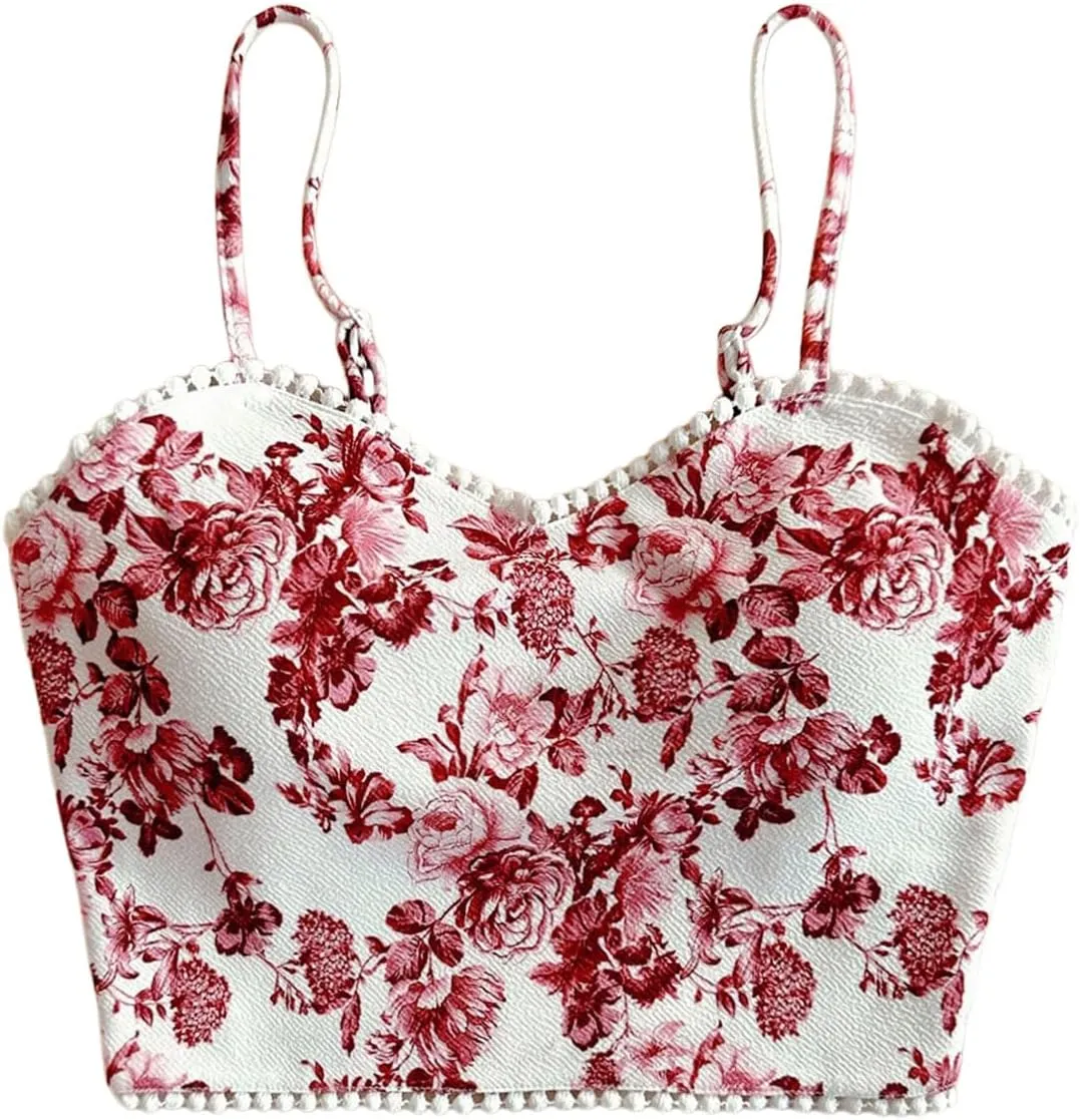 Women's Boho Floral Print Crop Camisole Tops Slim Fit Spaghetti Strap Vintage Tank Top