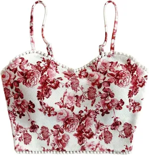 Women's Boho Floral Print Crop Camisole Tops Slim Fit Spaghetti Strap Vintage Tank Top