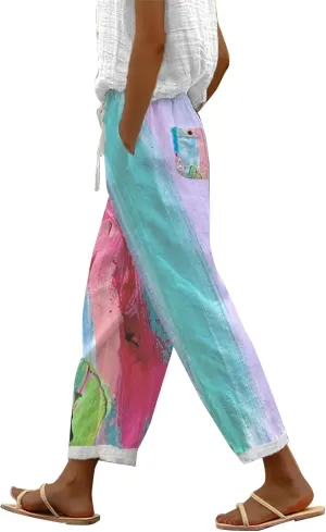 Women's Boho Linen Palazzo Pants Cotton Casual Elastic Waist Loose Fit Comfy Print Work Trousers with Pockets