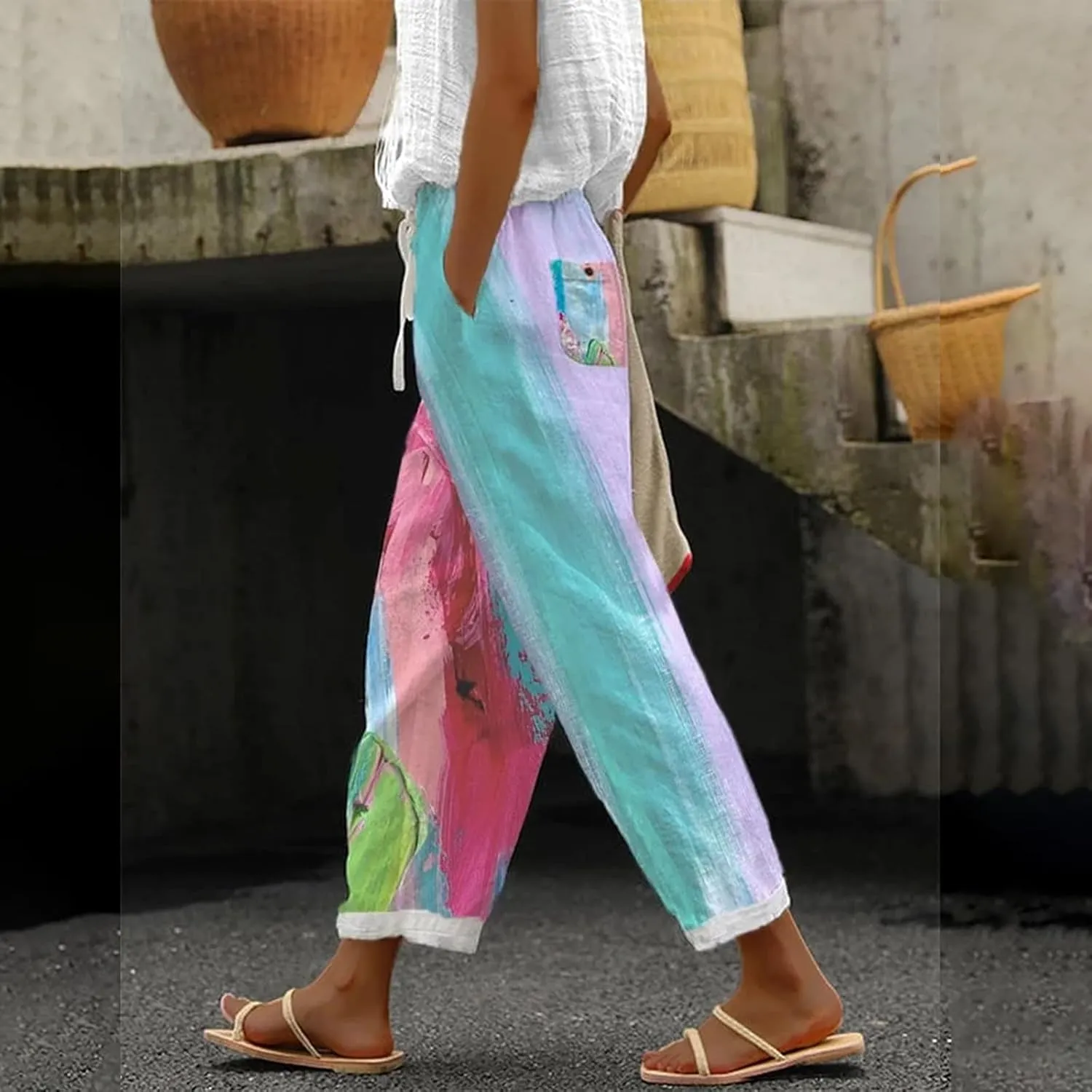 Women's Boho Linen Palazzo Pants Cotton Casual Elastic Waist Loose Fit Comfy Print Work Trousers with Pockets