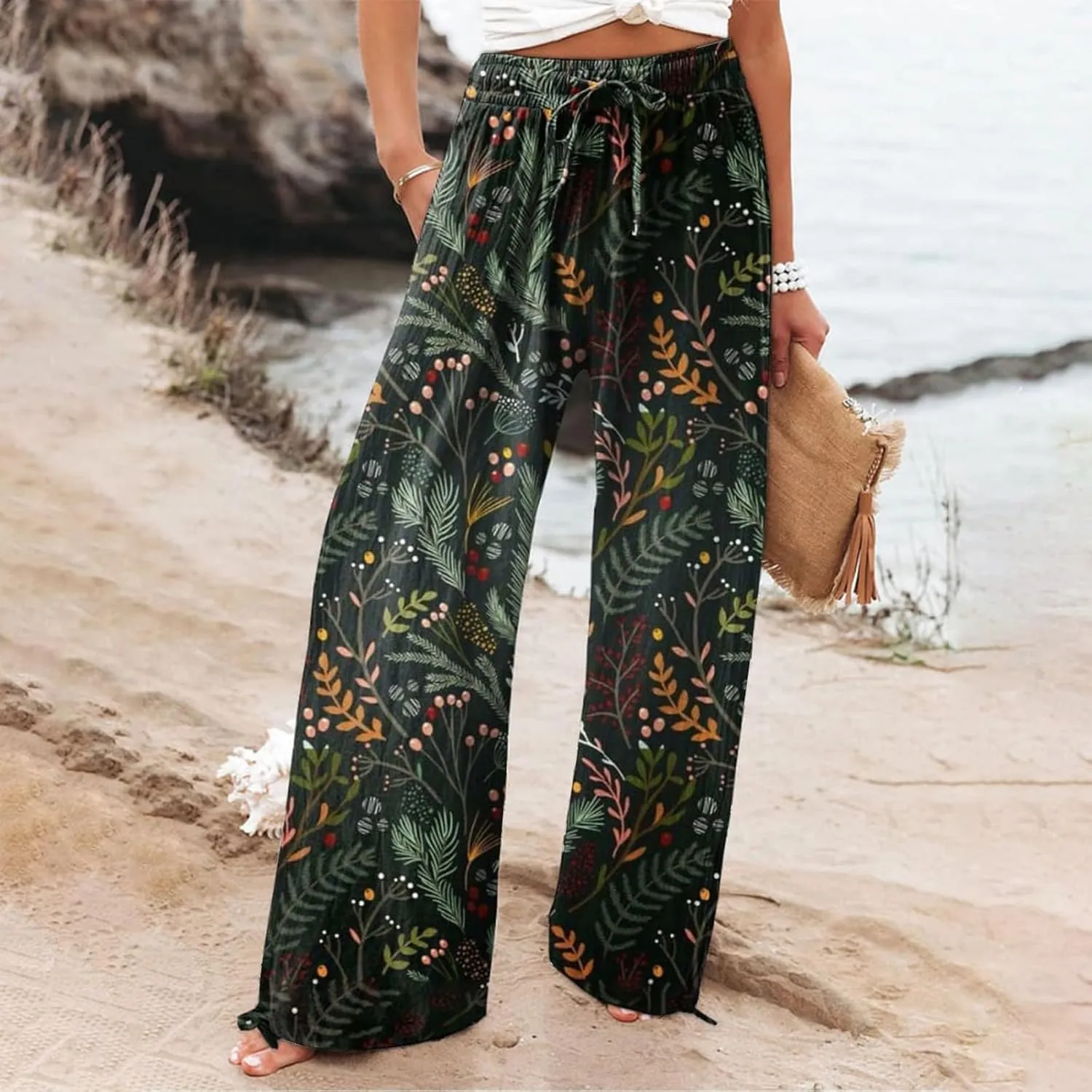 Women's Boho Wide Leg Palazzo Pants Womens Cotton Casual Loose Pants Comfy Work Pants with Long Casual Wide Leg