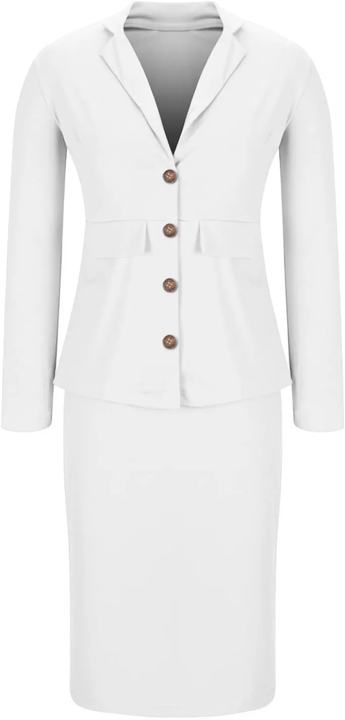 Women's Business Suit 2 Piece Long Sleeve Plus Size Skirt Suit Set Lady Blazer Office Work Slim Fit Jacket Outfit