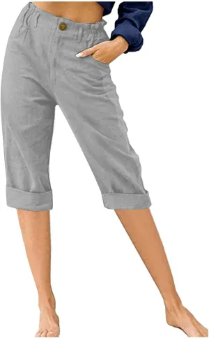 Womens Capri Pants Cotton Linen Cropped Pants Summer Trendy Elastic Waist Capris Fashion Wear Beach Vacation Trouser