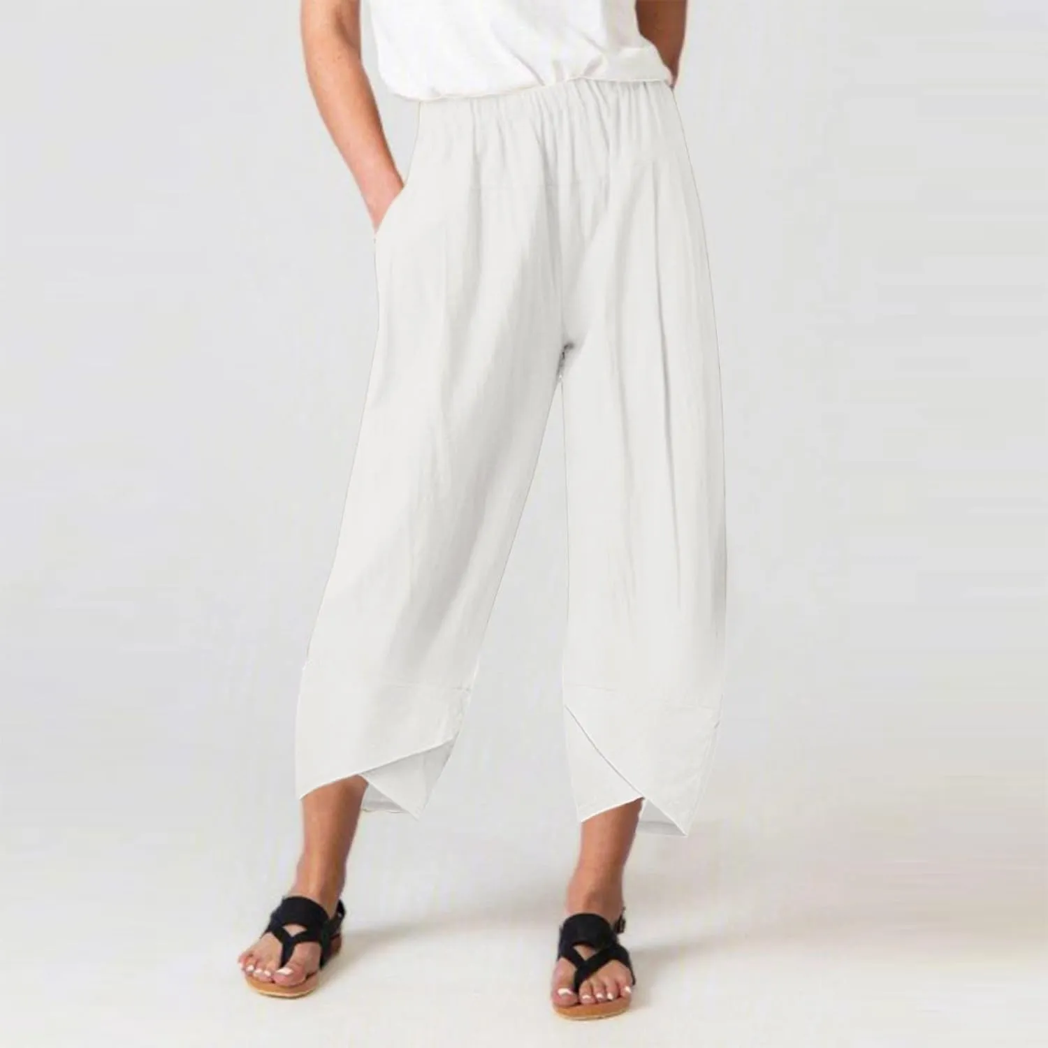 Womens Capri Pants High Waist Cropped Trousers Summer Wide Leg Drawstring Palazzo Ankle Vacation Pant with Pockets