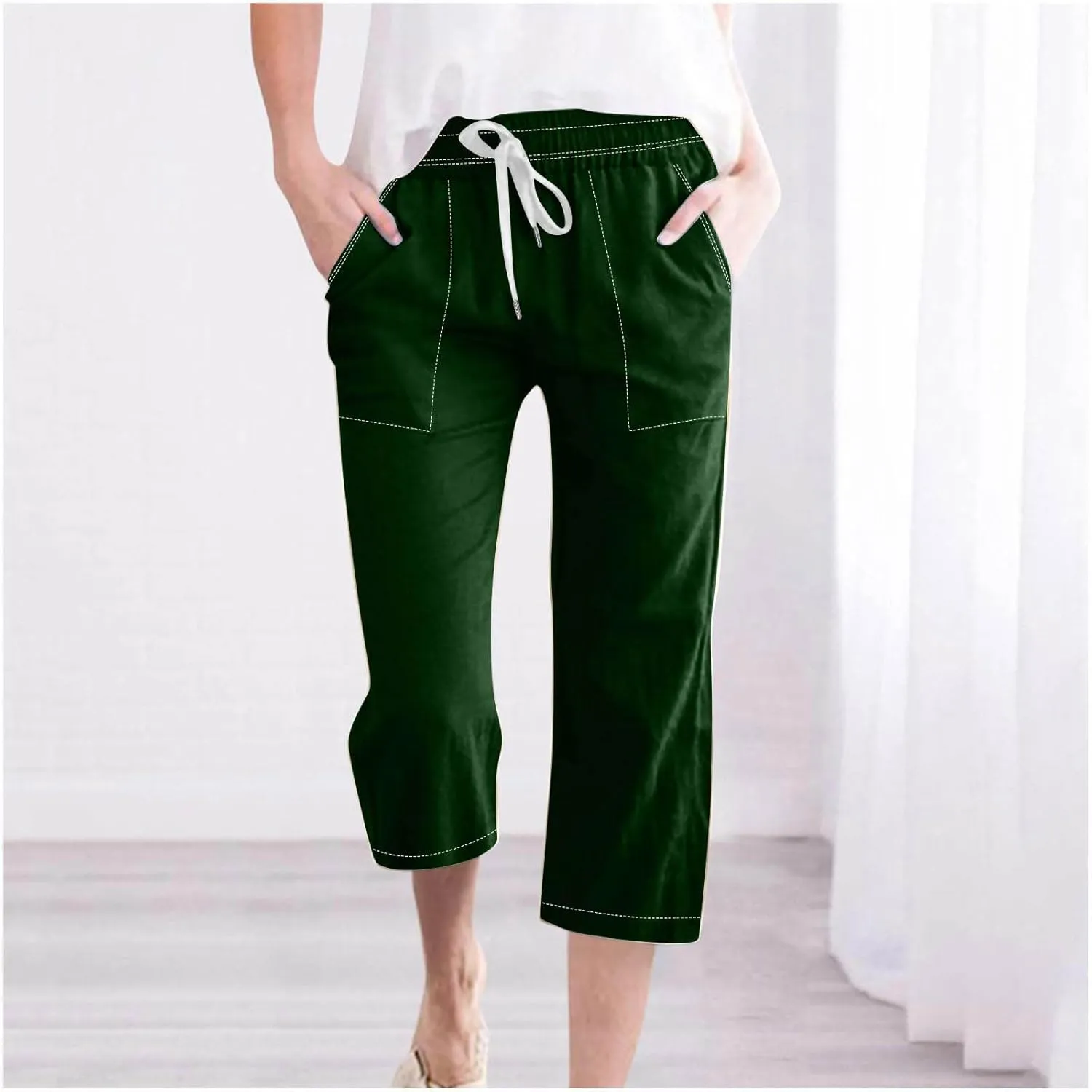 Womens Capris for Summer Cotton Linen Pants Casual 2025 Loose Comfy Drawstring Elastic Waist Fashion Cropped Trousers