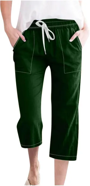 Womens Capris for Summer Cotton Linen Pants Casual 2025 Loose Comfy Drawstring Elastic Waist Fashion Cropped Trousers