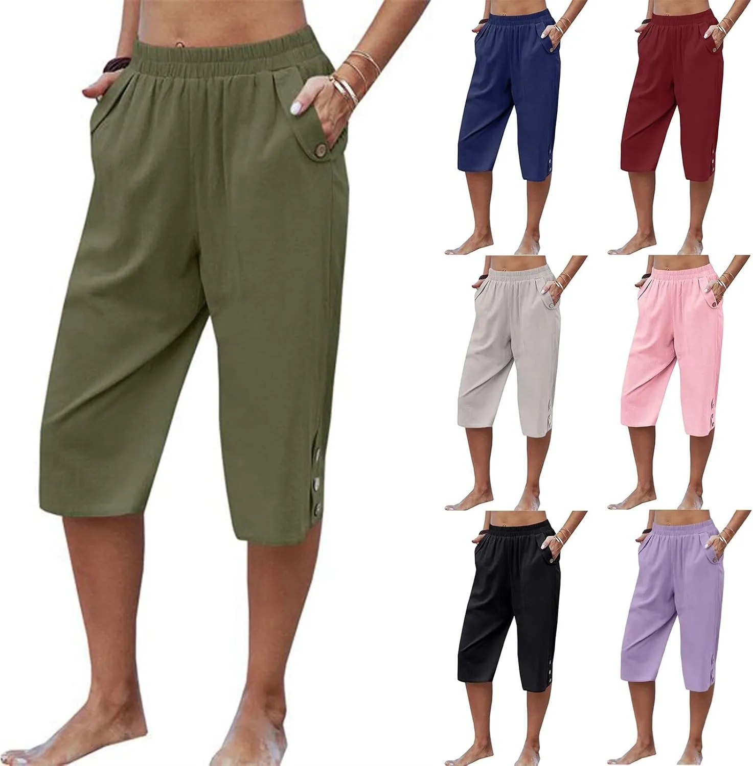 Womens Capris for Summer Elastic Waist Plus Size Capri Pants Wide Leg Linen Crop Pants Cropped Trousers with Pockets