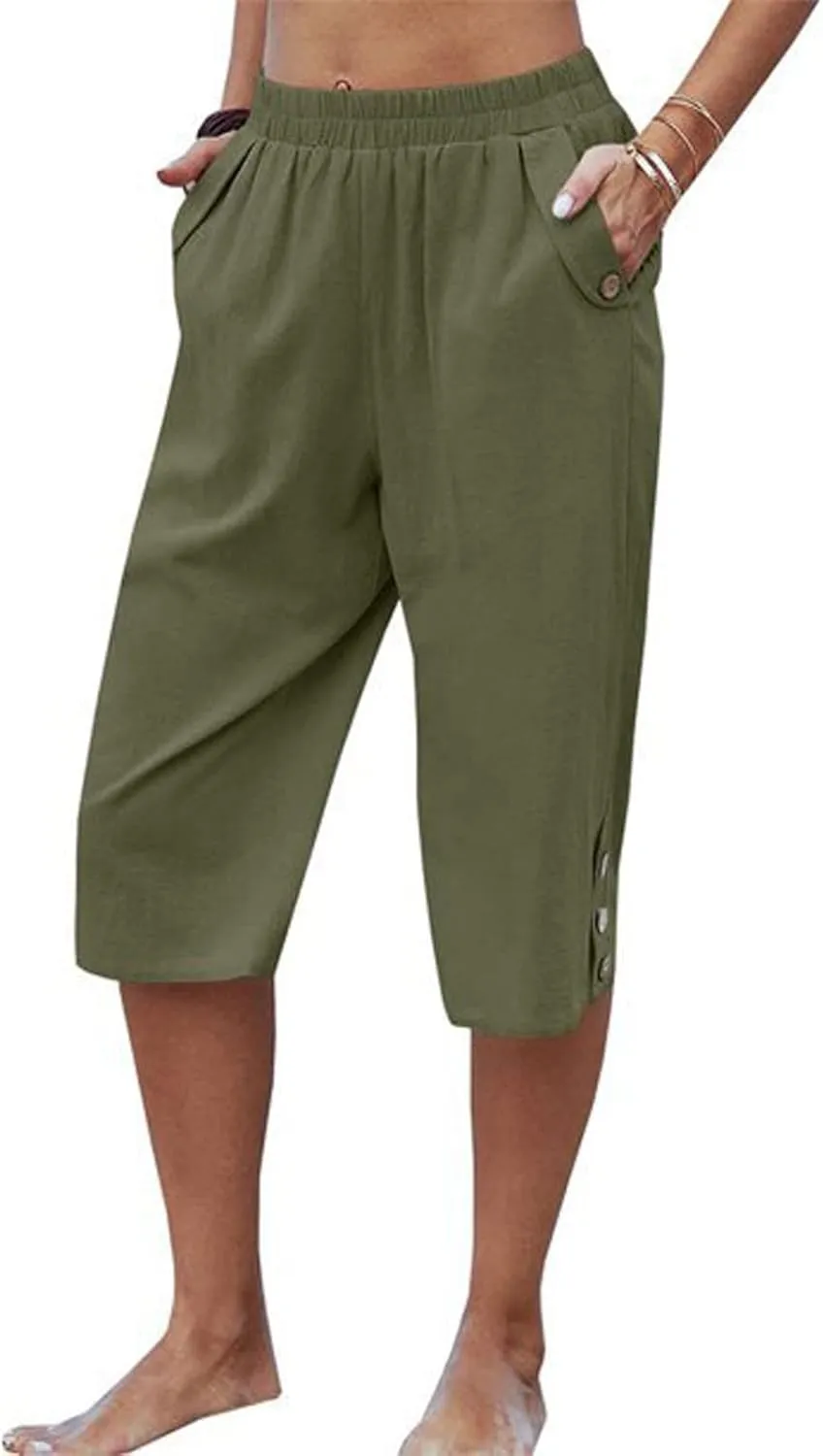 Womens Capris for Summer Elastic Waist Plus Size Capri Pants Wide Leg Linen Crop Pants Cropped Trousers with Pockets