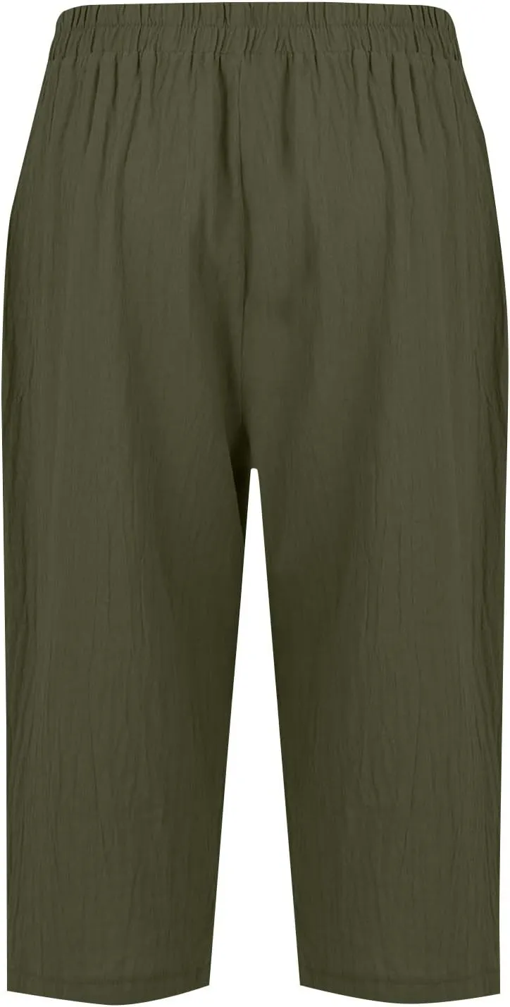Womens Capris for Summer Elastic Waist Plus Size Capri Pants Wide Leg Linen Crop Pants Cropped Trousers with Pockets