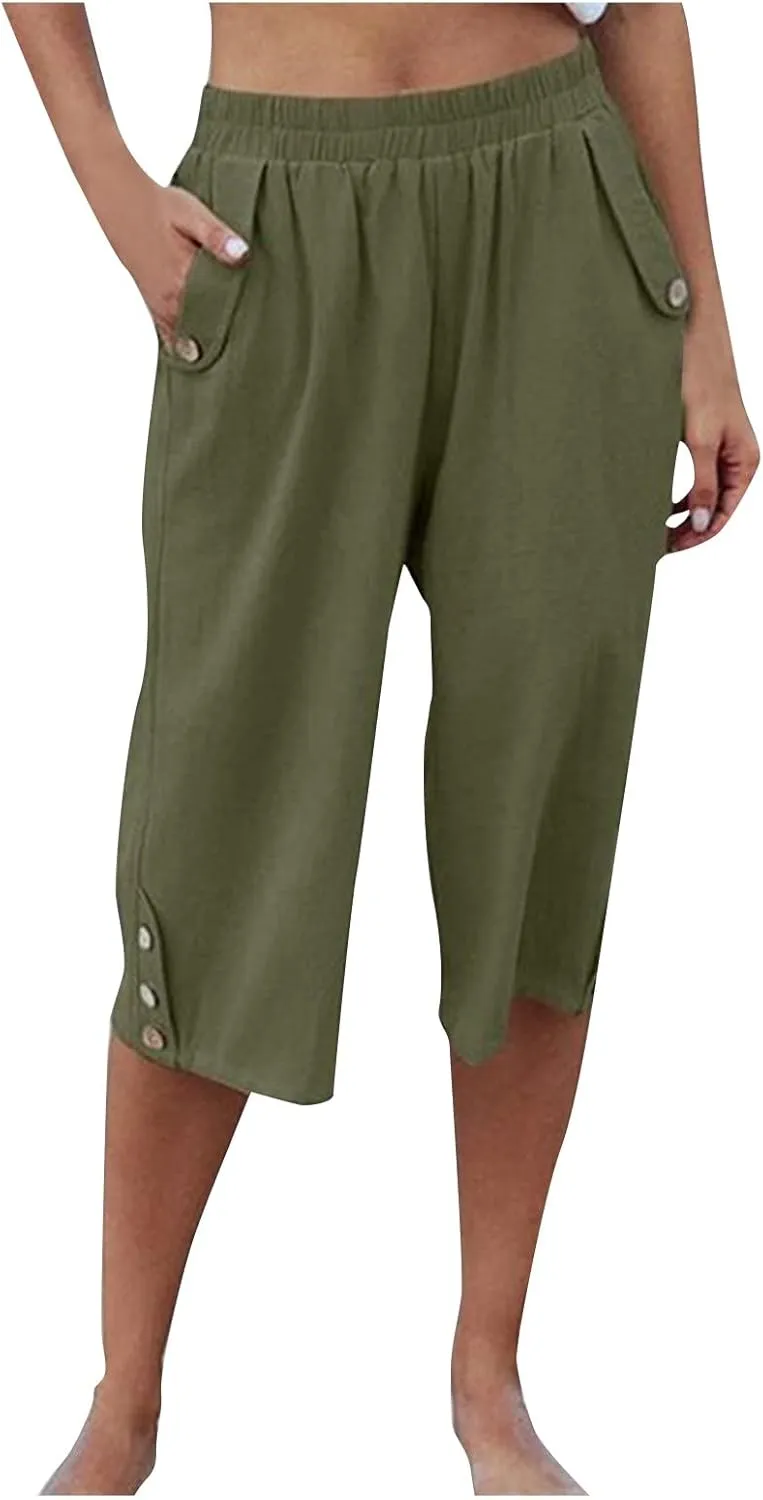 Womens Capris for Summer Elastic Waist Plus Size Capri Pants Wide Leg Linen Crop Pants Cropped Trousers with Pockets