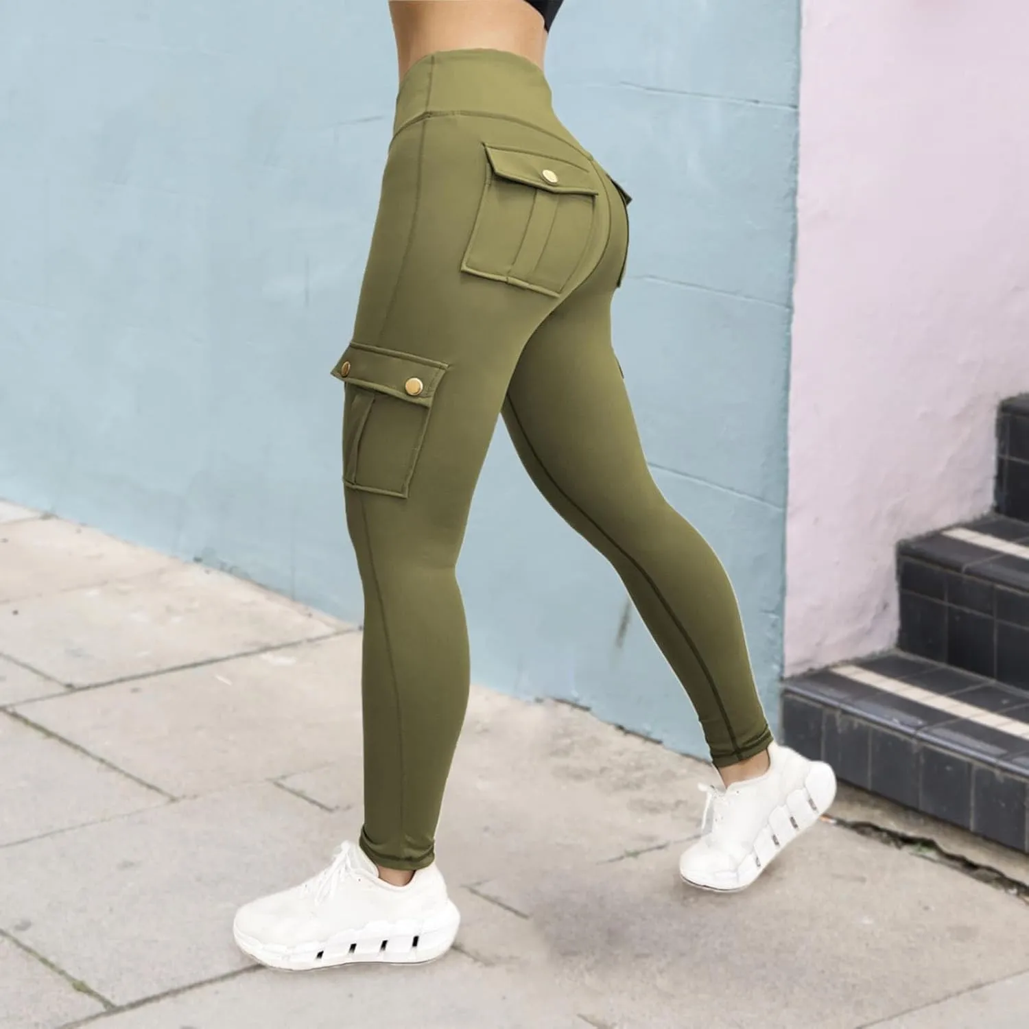 Womens Cargo Leggings with Multiple Porkets High Waisted Tummy Control Stretchy Trousers Workout Running Yoga Pants