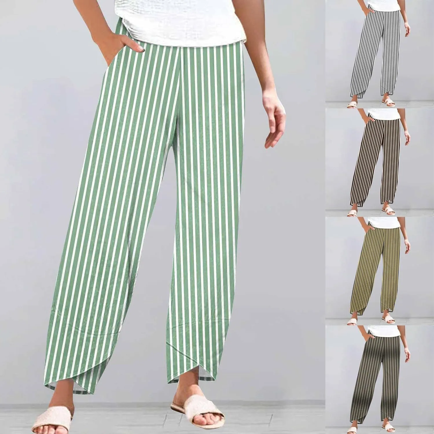 Women's Casual Boho Striped Graphic Cotton Linen High Waisted Cropped Pants Summer Beach Vacation Trendy Trousers
