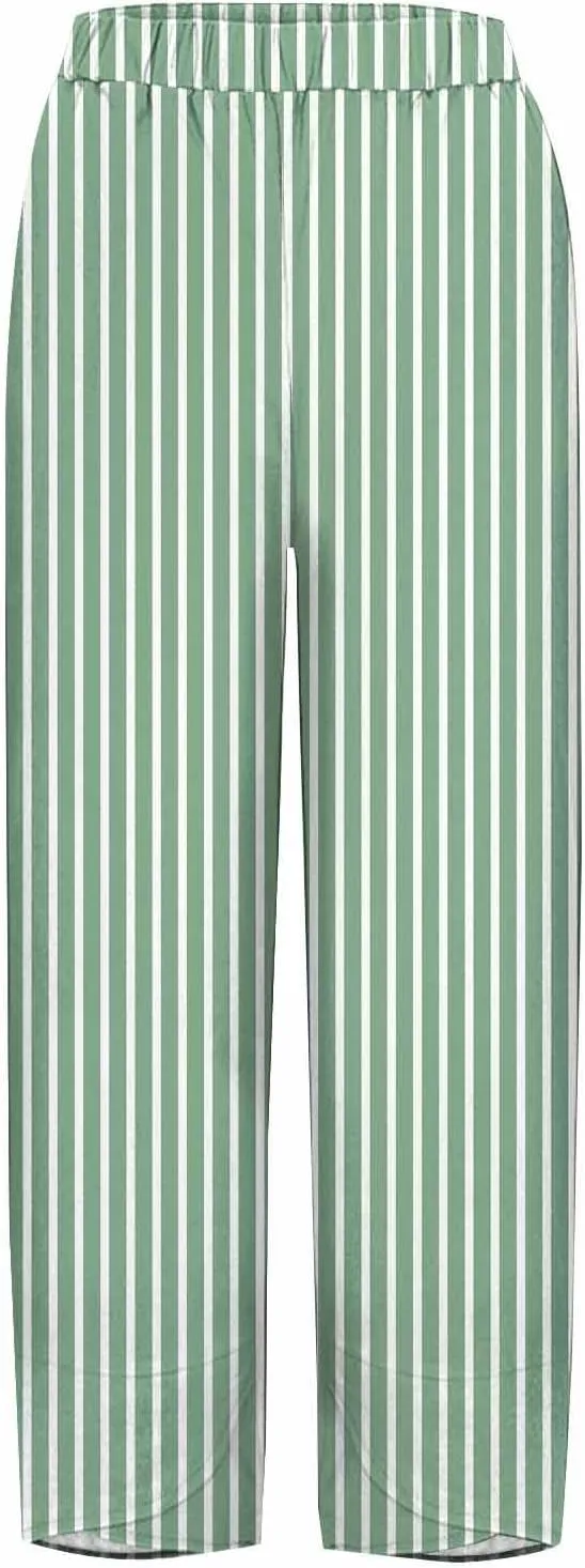 Women's Casual Boho Striped Graphic Cotton Linen High Waisted Cropped Pants Summer Beach Vacation Trendy Trousers