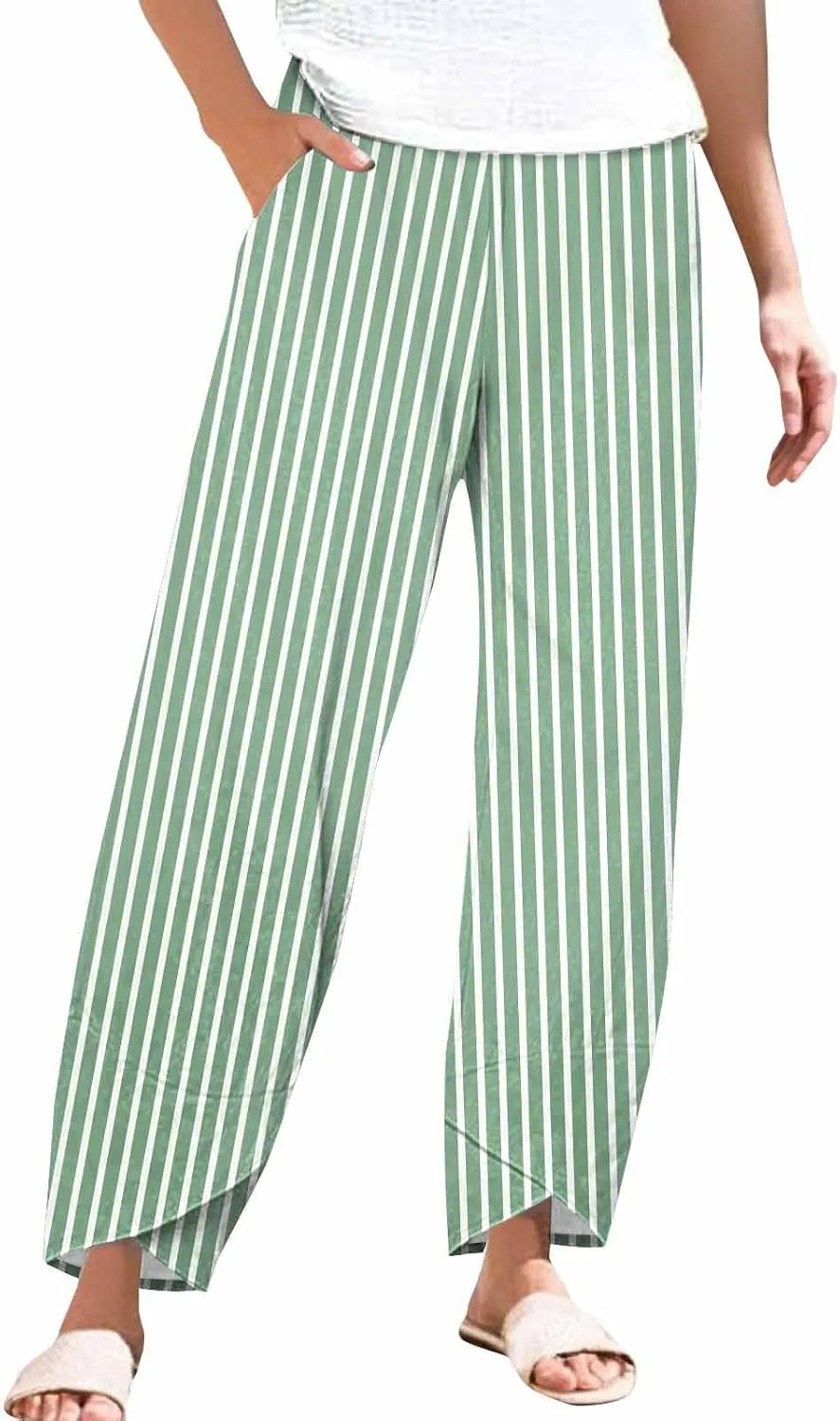 Women's Casual Boho Striped Graphic Cotton Linen High Waisted Cropped Pants Summer Beach Vacation Trendy Trousers