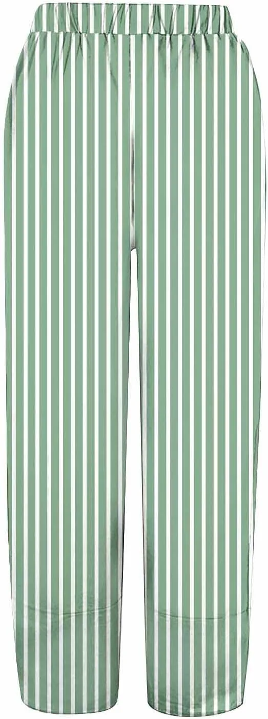 Women's Casual Boho Striped Graphic Cotton Linen High Waisted Cropped Pants Summer Beach Vacation Trendy Trousers