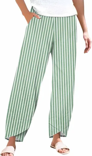 Women's Casual Boho Striped Graphic Cotton Linen High Waisted Cropped Pants Summer Beach Vacation Trendy Trousers