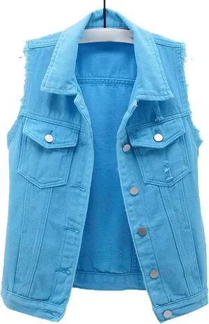 Women's Casual Denim Waistcoat Slim Fit Frayed Sleeveless Jacket Ripped Tops with Pockets