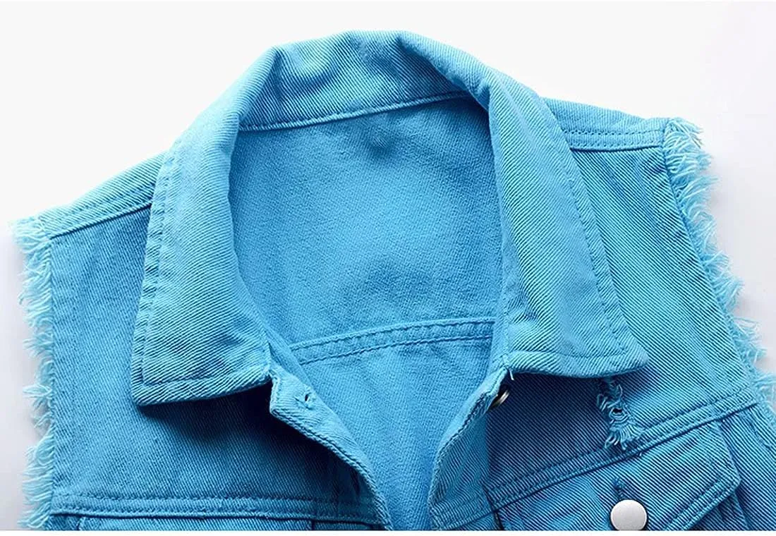 Women's Casual Denim Waistcoat Slim Fit Frayed Sleeveless Jacket Ripped Tops with Pockets