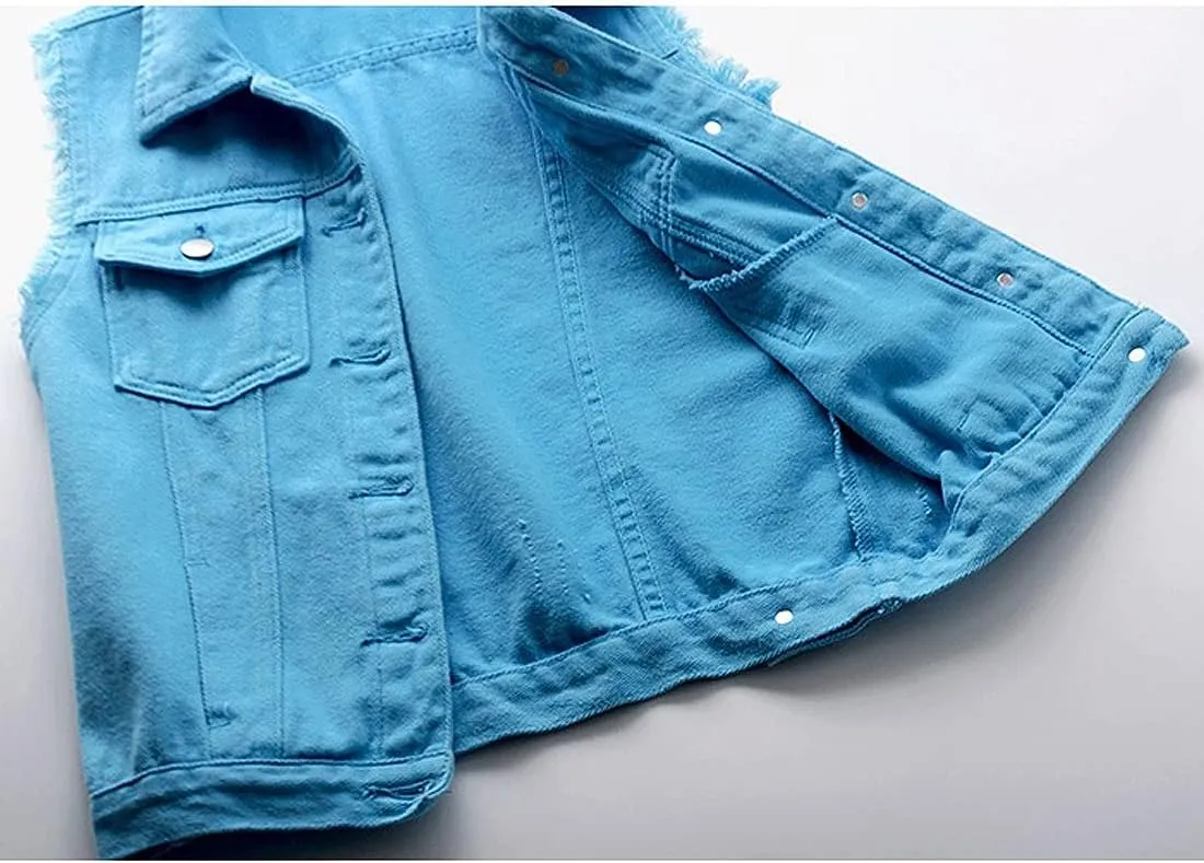 Women's Casual Denim Waistcoat Slim Fit Frayed Sleeveless Jacket Ripped Tops with Pockets