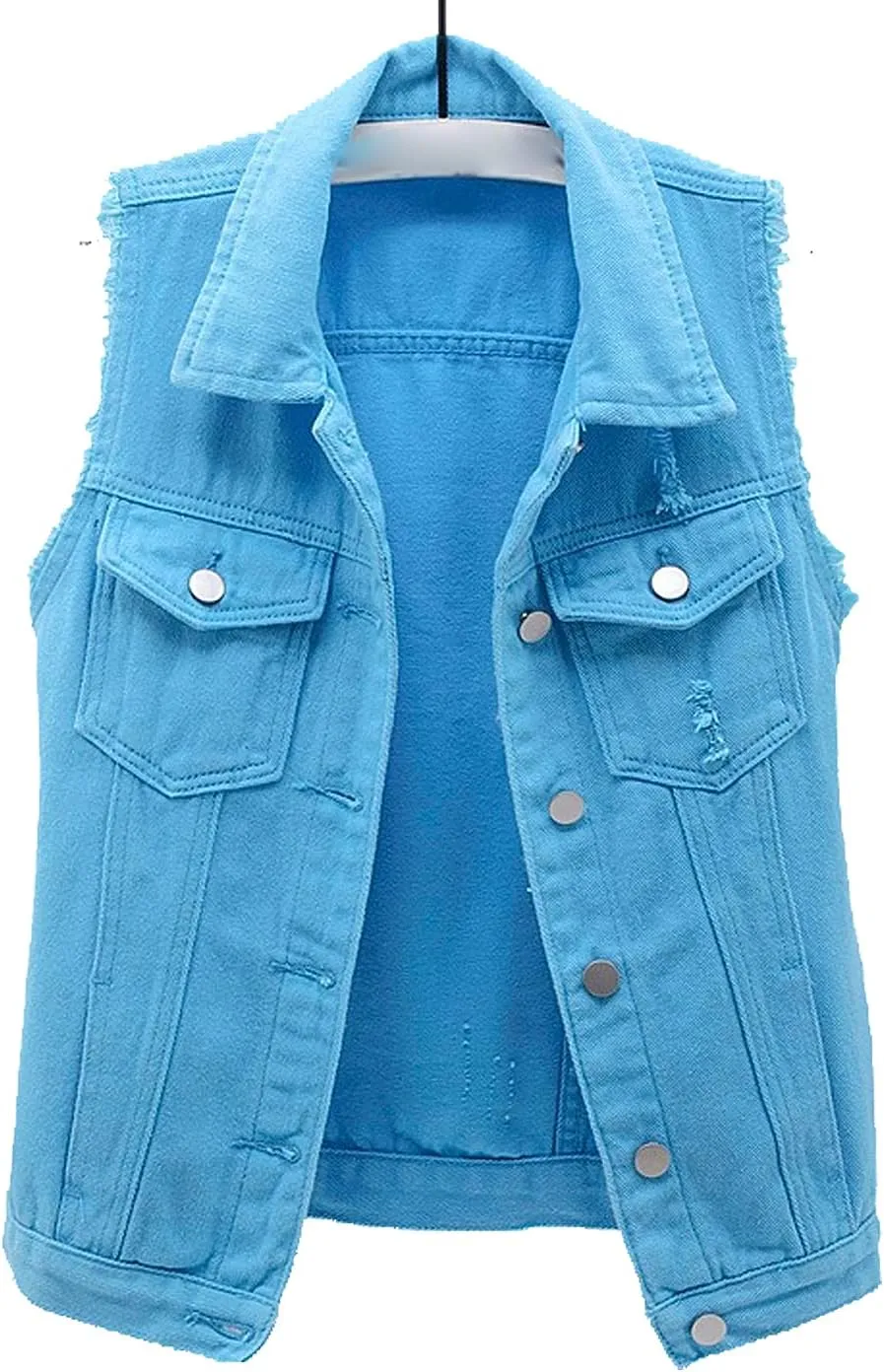 Women's Casual Denim Waistcoat Slim Fit Frayed Sleeveless Jacket Ripped Tops with Pockets