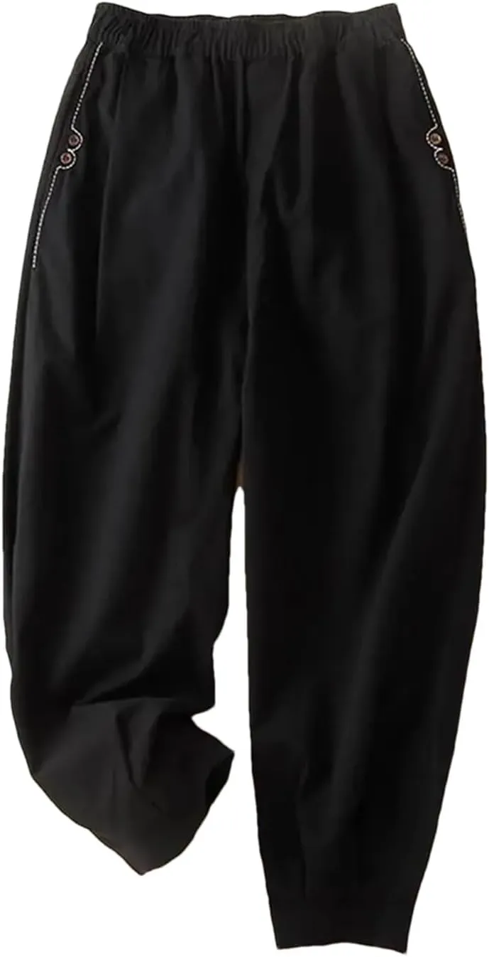 Women's Casual Elastic Waist Wide Leg Pants Loose Ankle Length Harem Pants