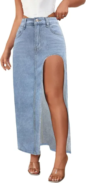 Women's Casual High Waist Split Thigh Jean Skirt A Line Long Maxi Slim Denim Skirt
