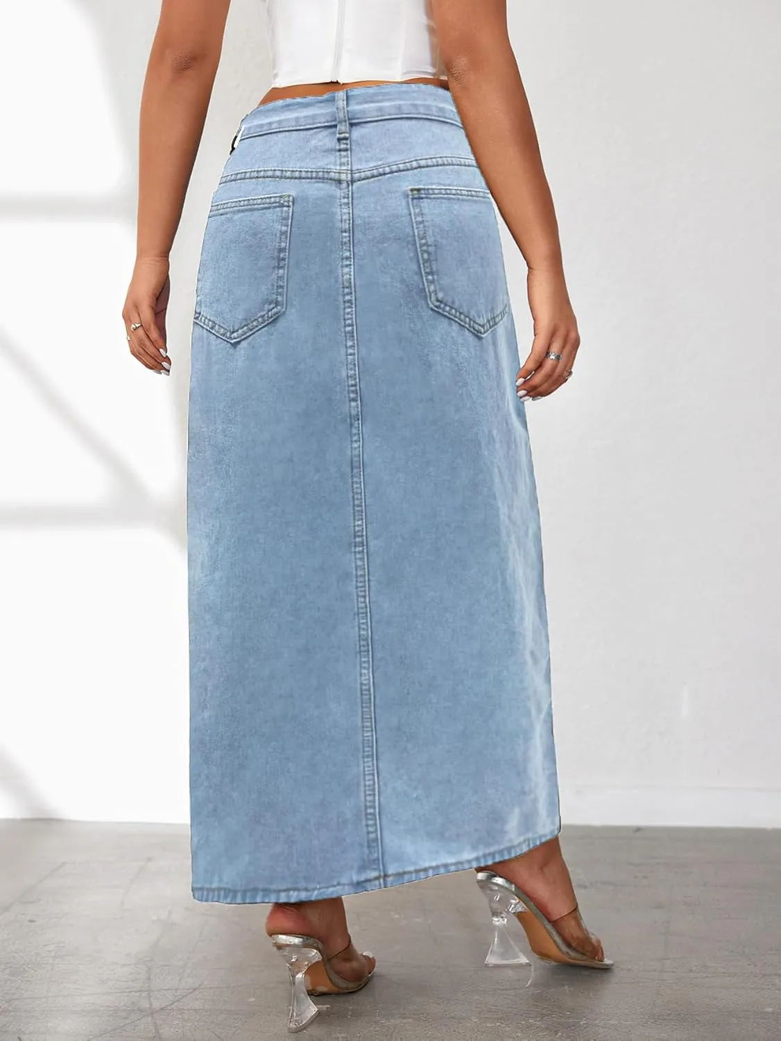 Women's Casual High Waist Split Thigh Jean Skirt A Line Long Maxi Slim Denim Skirt