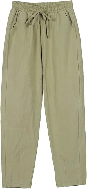 Womens Casual Linen Pants Summer Boho Flowy Pants with Pockets Elastic High Waisted Yoga Pants Lightweight Lounge Trousers