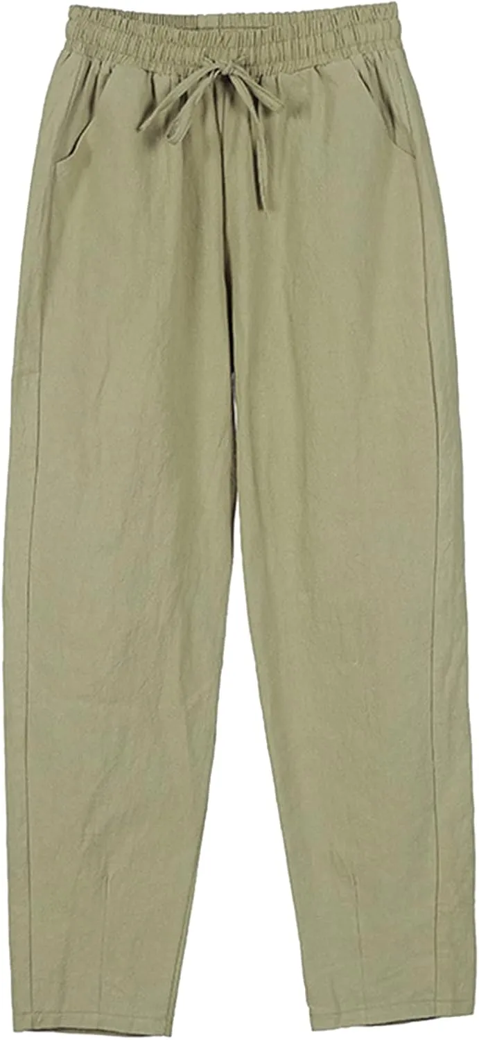 Womens Casual Linen Pants Summer Boho Flowy Pants with Pockets Elastic High Waisted Yoga Pants Lightweight Lounge Trousers