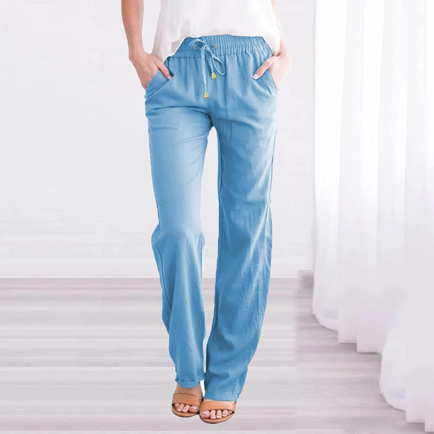 Women's Casual Loose Wide Leg Cozy Pants Linen Elastic Women Leg Solid 2025 Flowy Beach Trendy Trousers with Pockets