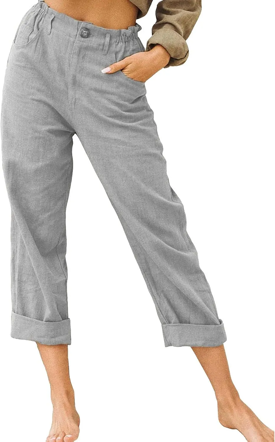 Womens Casual Summer Cotton Linen Pants Elastic Waist Straight Leg Capris Pant Cropped Lounge Trousers with Pockets