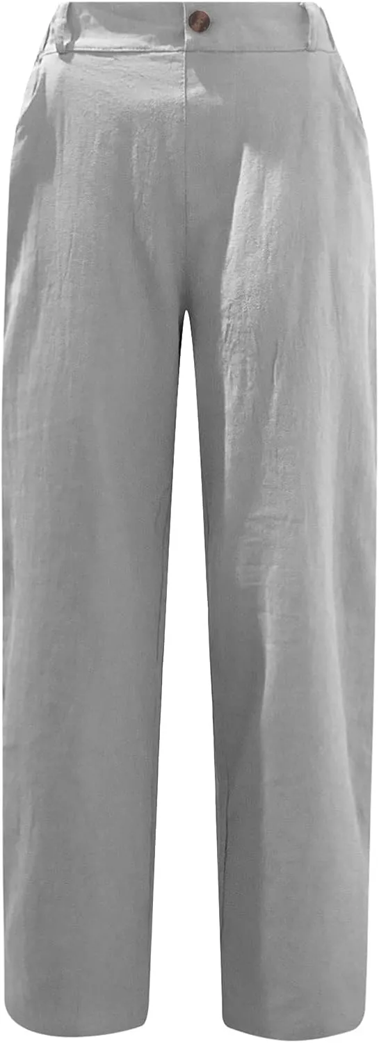 Womens Casual Summer Cotton Linen Pants Elastic Waist Straight Leg Capris Pant Cropped Lounge Trousers with Pockets