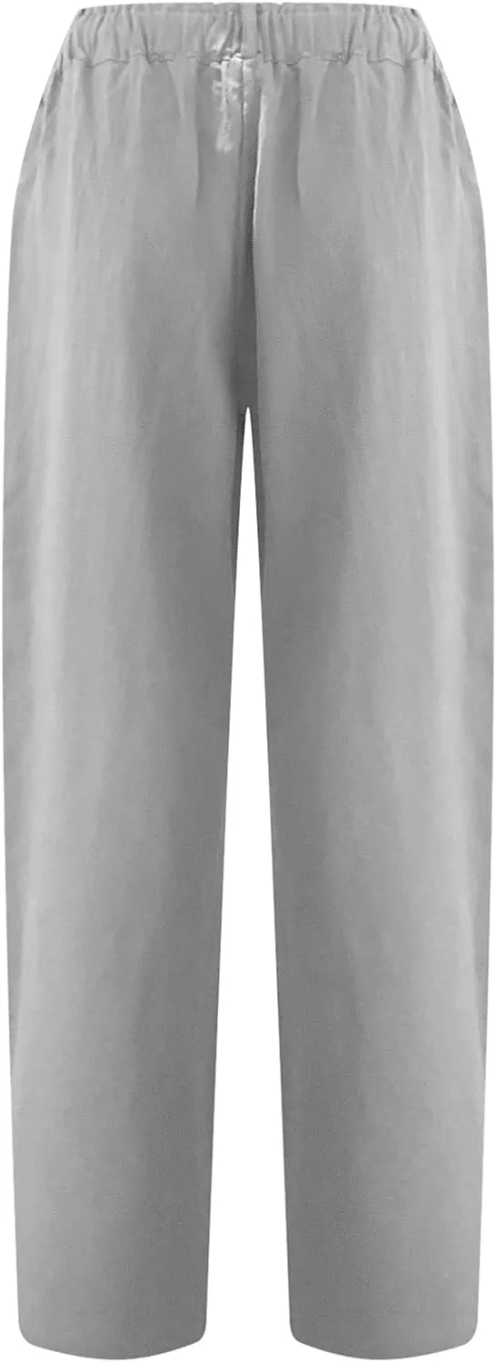 Womens Casual Summer Cotton Linen Pants Elastic Waist Straight Leg Capris Pant Cropped Lounge Trousers with Pockets