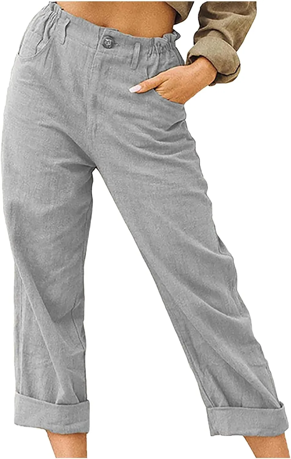 Womens Casual Summer Cotton Linen Pants Elastic Waist Straight Leg Capris Pant Cropped Lounge Trousers with Pockets