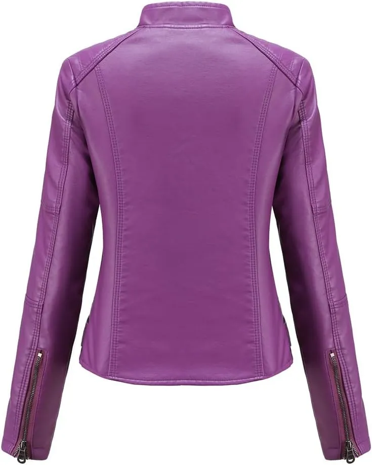 Women's Classic Faux Leather Jacket Stand Collar Zip UP Slim Fit Moto Biker Jacket