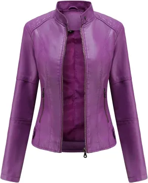 Women's Classic Faux Leather Jacket Stand Collar Zip UP Slim Fit Moto Biker Jacket